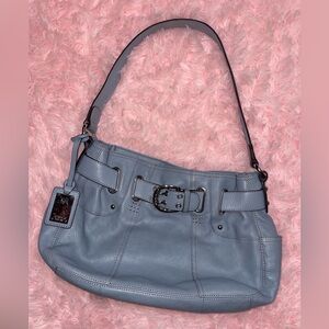 Designer brand Tignanello genuine real blue leather purse with silver buckle